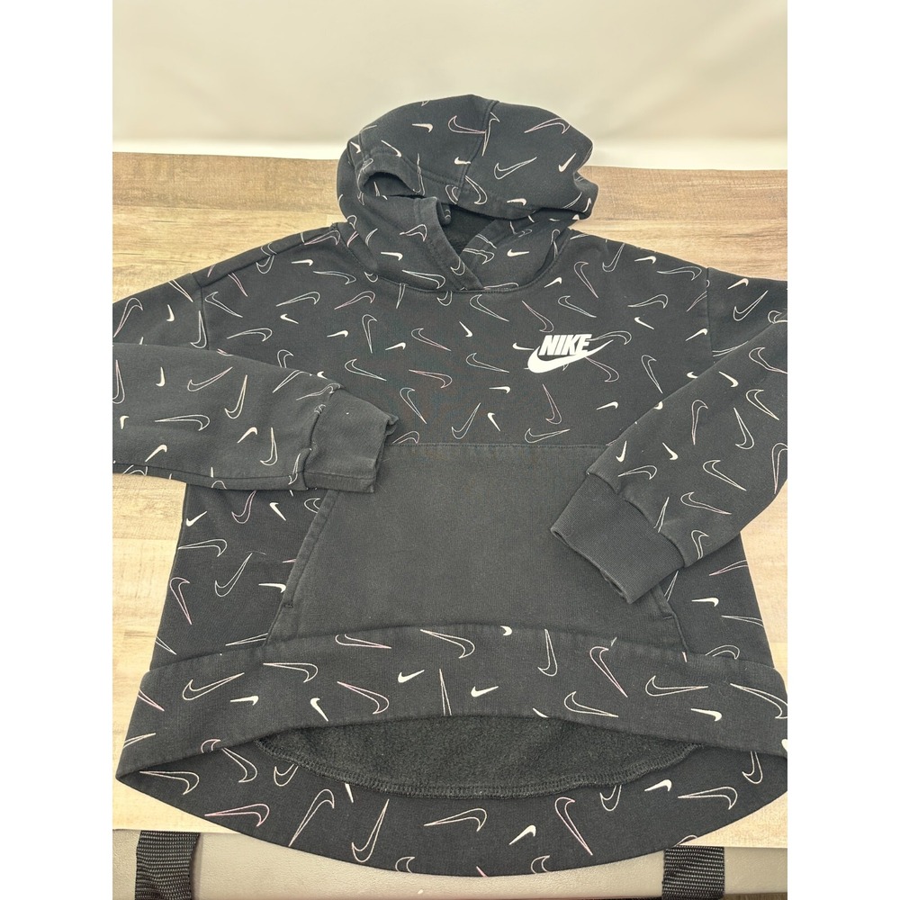 Nike Girl's Pullover Hoodie All Over Print Logo Swoosh Black & White Medium
